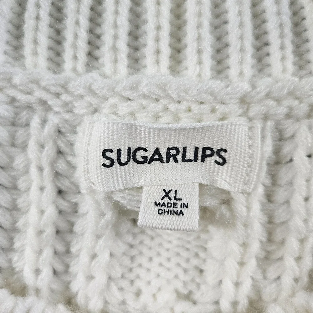 NWOT Sugarlips Sweater Women‎ XL Crew Neck Cable Knit White Preppy